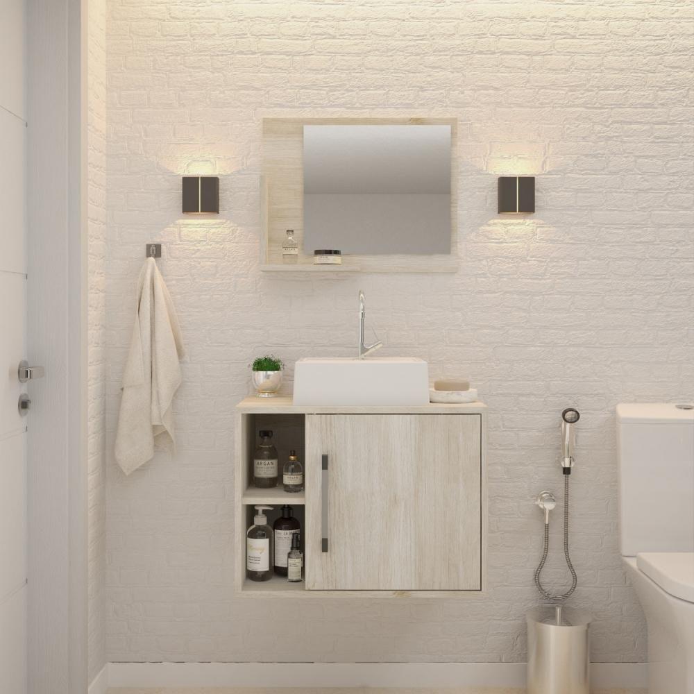 Conjunto Balcão C-cuba Q32 E Espelheira Soft 600 Nogal C-preto ônix Snow - 1