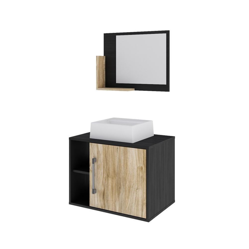 Conjunto Balcão C-cuba Q32 E Espelheira Soft 600 Preto ônix C-branco Chess Preto ônix C-carvalho - 2