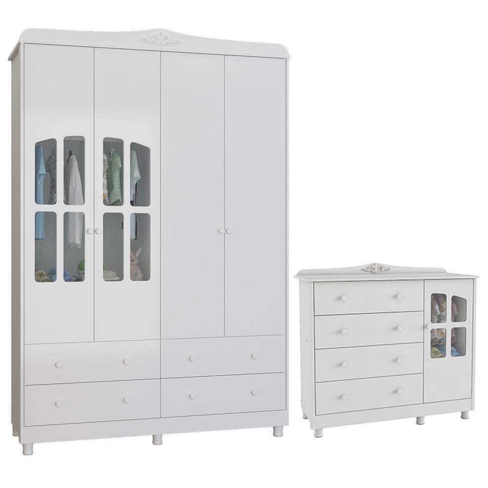 Jogo De Quarto Infantil Elô Com Janela Guarda Roupa E Cômoda Branco Brilho - Móveis Peroba - 1