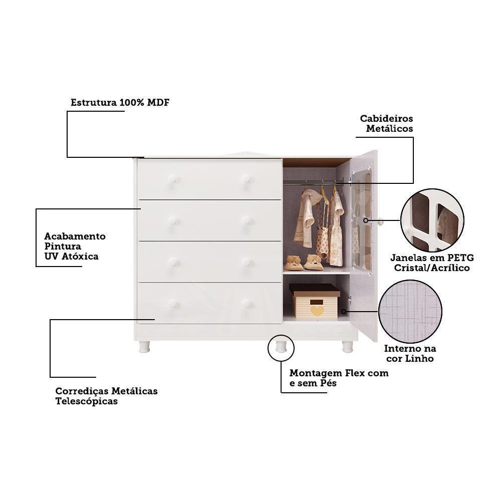 Jogo De Quarto Infantil Elô Com Janela Guarda Roupa E Cômoda Branco Brilho - Móveis Peroba - 4