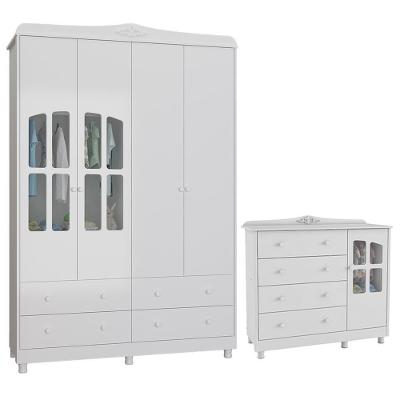 Jogo De Quarto Infantil Elô Com Janela Guarda Roupa E Cômoda Branco Brilho - Móveis Peroba