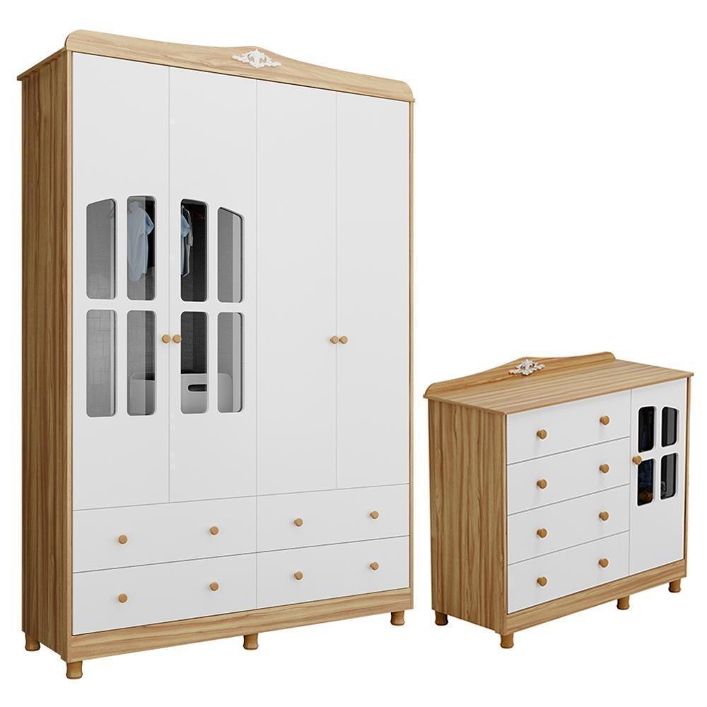 Jogo De Quarto Infantil Elô Com Janela Guarda Roupa E Cômoda Branco Brilho/amêndoa - Móveis Peroba - 1