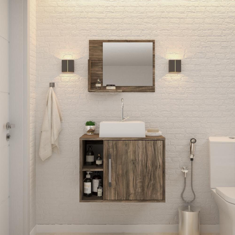 Conjunto Balcão C-cuba Q32 E Espelheira Soft 600 Carvalho C-preto ônix Carvalho Dark - 1