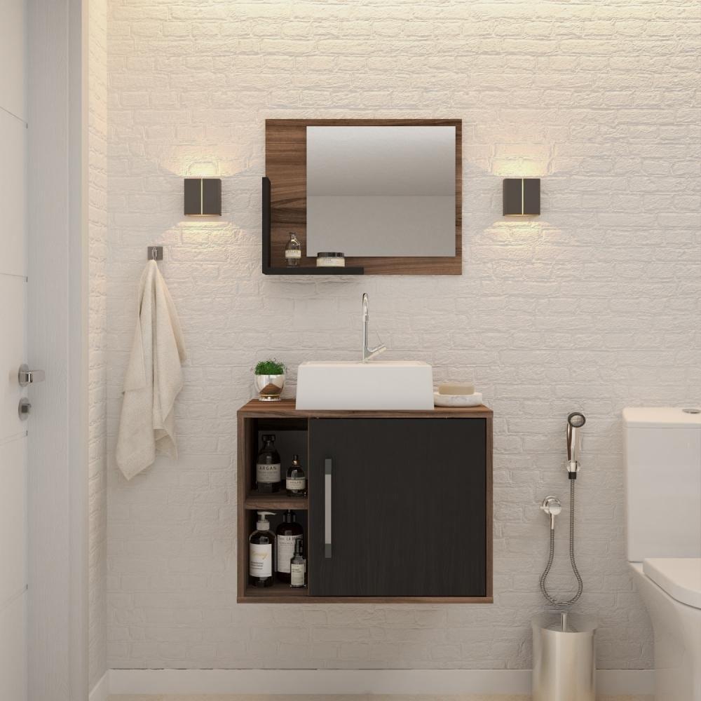 Conjunto Balcão C-cuba Q32 E Espelheira Soft 600 Nogal C-branco Chess Nogal C-preto ônix - 1