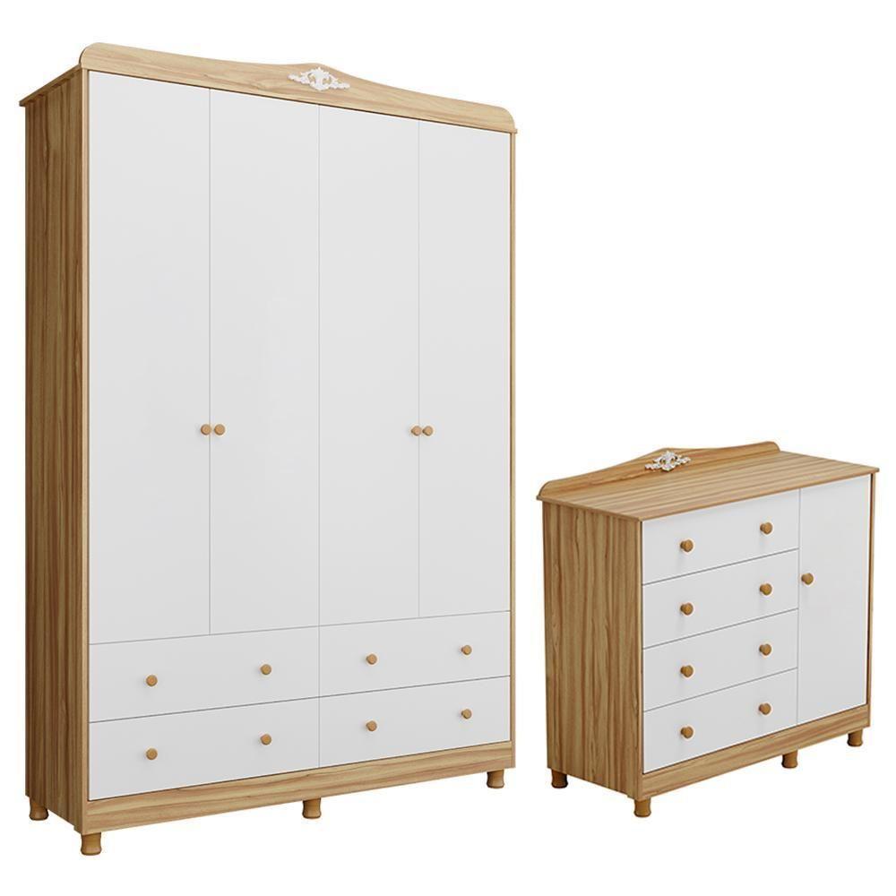 Jogo De Quarto Infantil Elô Guarda Roupa E Cômoda Branco Brilho/amêndoa - Móveis Peroba - 1