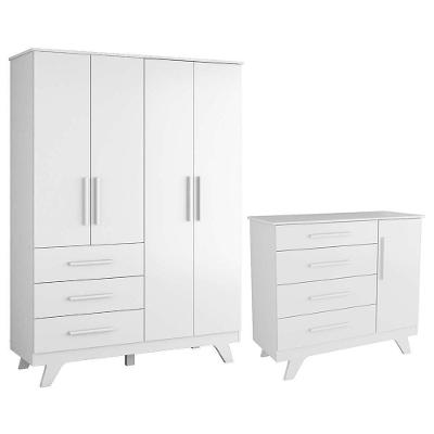 Jogo De Quarto Infantil Retrô Guarda Roupa E Cômoda Branco Brilho - Móveis Peroba