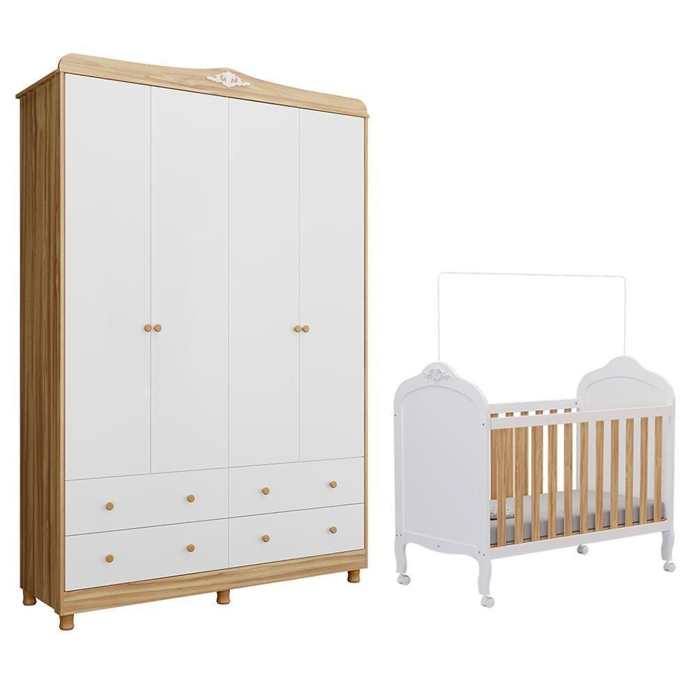 Jogo De Quarto Infantil Elô Guarda Roupa E Berço Branco Brilho/amêndoa - Móveis Peroba - 1