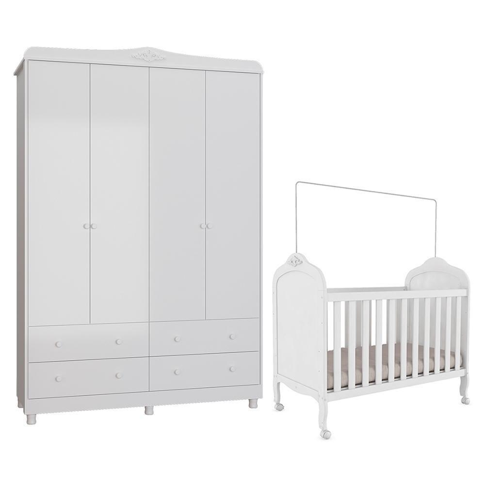 Jogo De Quarto Infantil Elô Guarda Roupa E Berço Branco Brilho - Móveis Peroba - 1