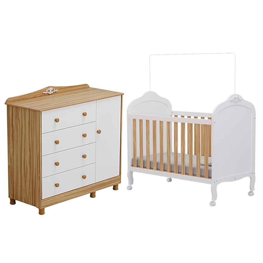 Jogo De Quarto Infantil Elô Cômoda E Berço Branco Brilho/amêndoa - Móveis Peroba - 1