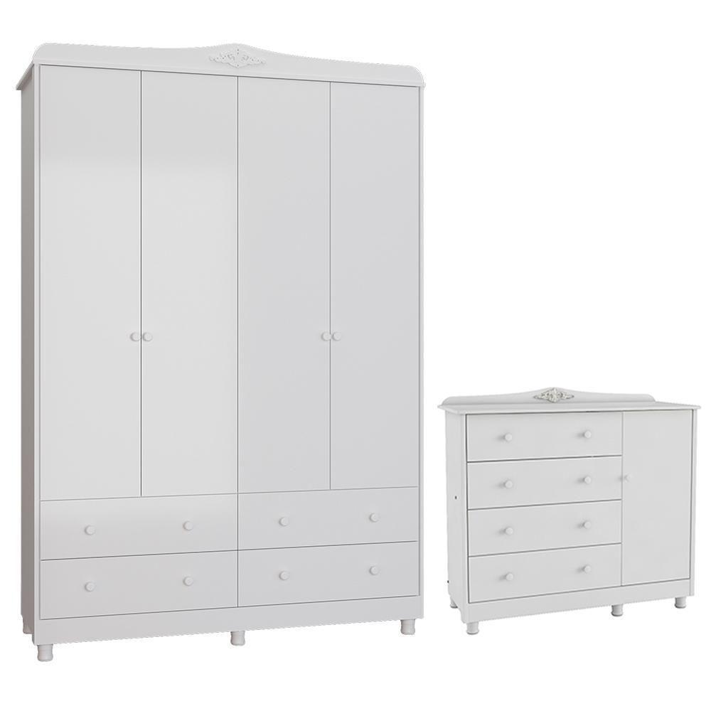 Jogo De Quarto Infantil Elô Guarda Roupa E Cômoda Branco Brilho - Móveis Peroba - 1