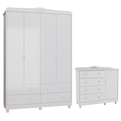 Jogo De Quarto Infantil Elô Guarda Roupa E Cômoda Branco Brilho - Móveis Peroba