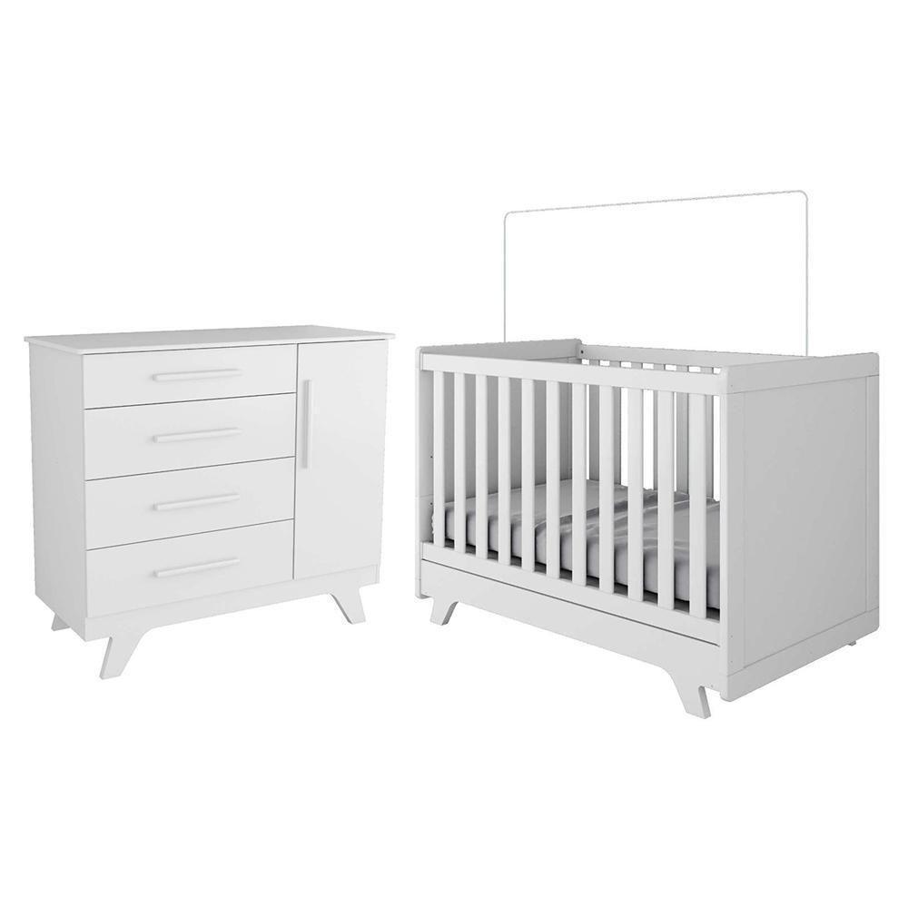 Jogo De Quarto Infantil Retrô Cômoda E Berço Branco Brilho - Móveis Peroba - 1