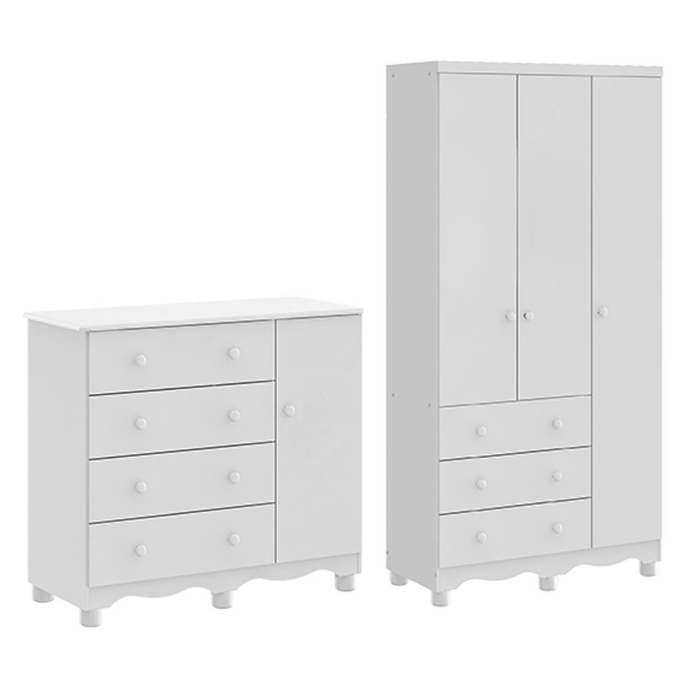 Jogo De Quarto Infantil Júnior Guarda Roupa 3 Portas E Cômoda 1 Porta Branco Brilho - Móveis Peroba - 1