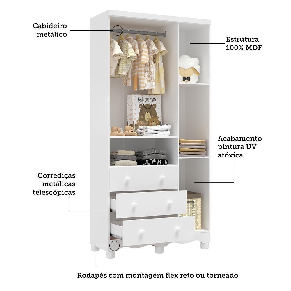 Jogo De Quarto Infantil Júnior Guarda Roupa 3 Portas E Cômoda 1 Porta Branco Brilho - Móveis Peroba - 2