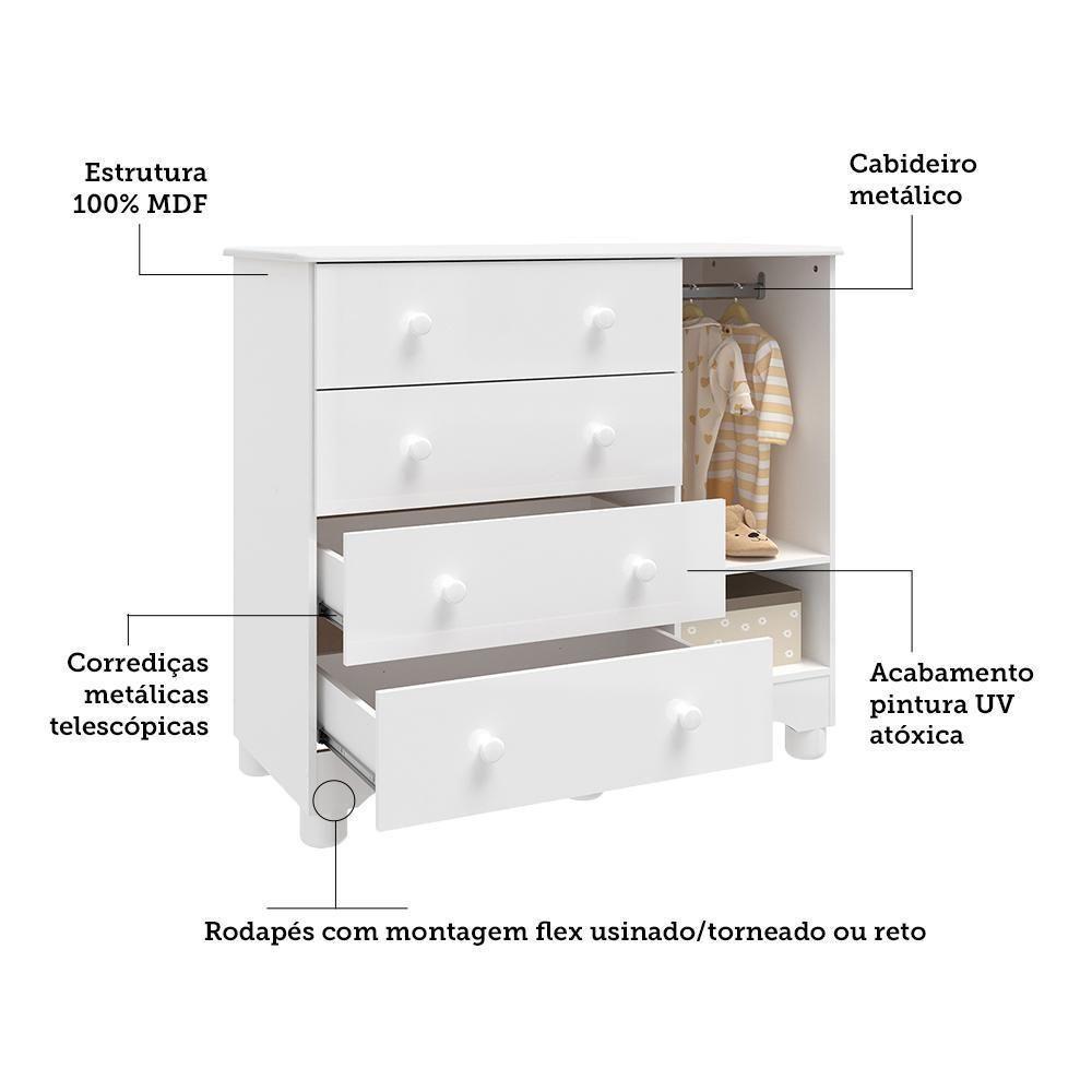 Jogo De Quarto Infantil Júnior Guarda Roupa 3 Portas E Cômoda 1 Porta Branco Brilho - Móveis Peroba - 4