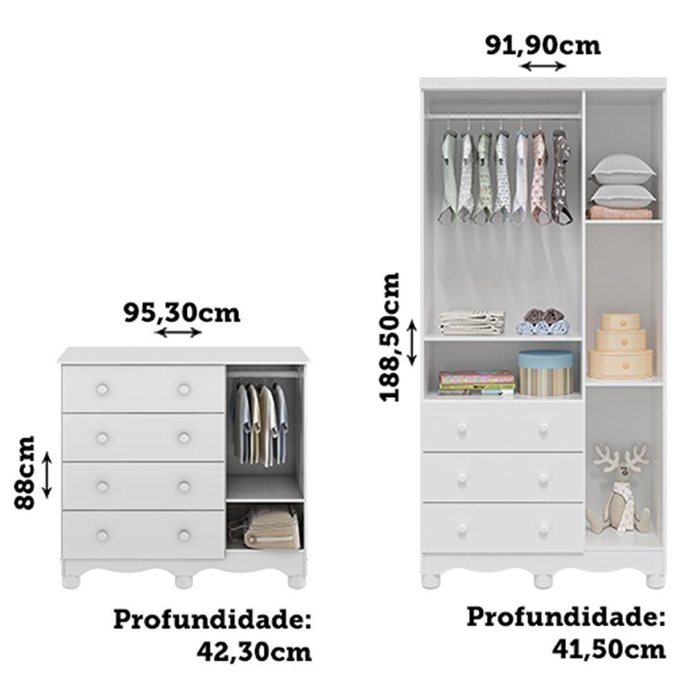 Jogo De Quarto Infantil Júnior Guarda Roupa 3 Portas E Cômoda 1 Porta Branco Brilho - Móveis Peroba - 6
