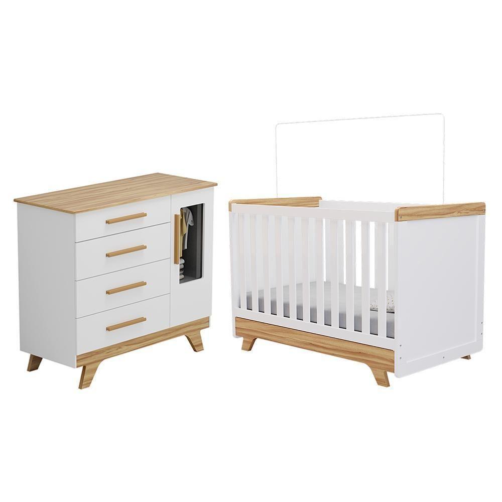 Jogo De Quarto Infantil Retrô Janelas Cômoda E Berço Branco Brilho/amêndoa - Móveis Peroba - 1