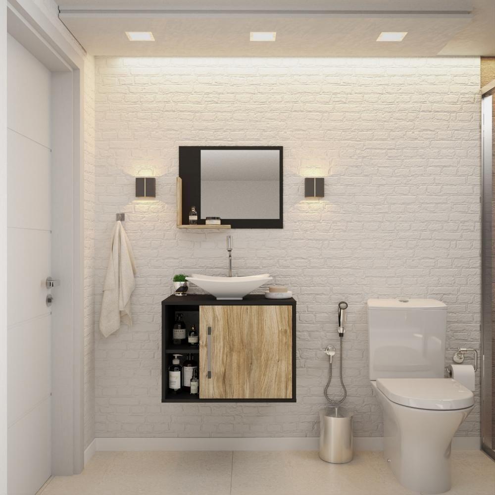 Conjunto Balcão C-cuba L38 E Espelheira Soft 600 Preto ônix C-branco Chess Preto ônix C-carvalho - 1