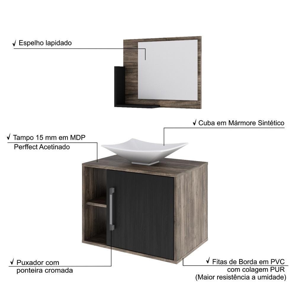 Conjunto Balcão C-cuba L38 E Espelheira Soft 600 Carvalho Dark C-branco Chess Carvalho Dark C-preto ônix - 4