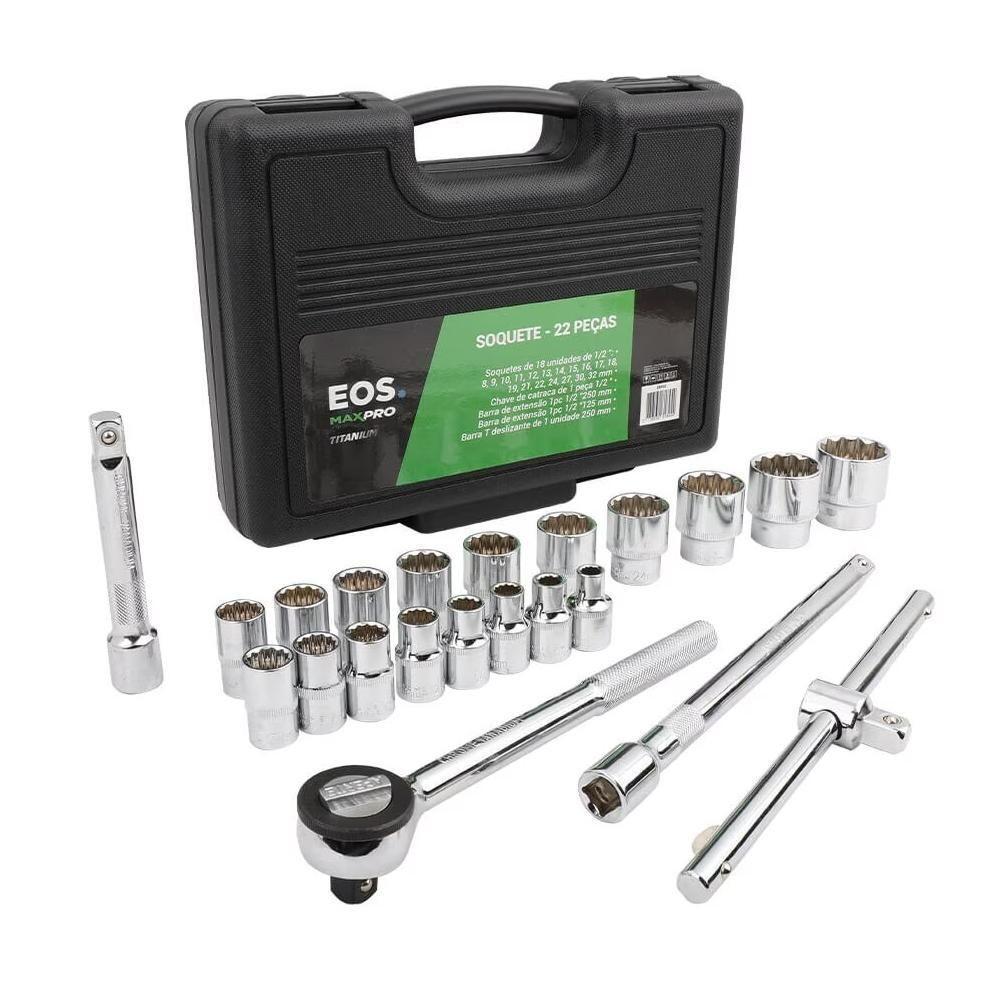 Jogo De Soquetes Crv Titanium 22 Peças Com Maleta Ekf02 - Eos - 1