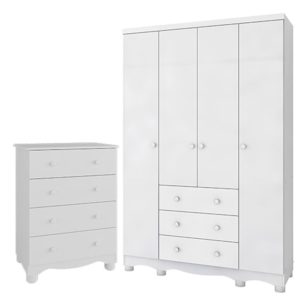 Jogo De Quarto Infantil Júnior Guarda Roupa 4 Portas E Cômoda 4 Gavetas Branco Brilho - Móveis Peroba - 1