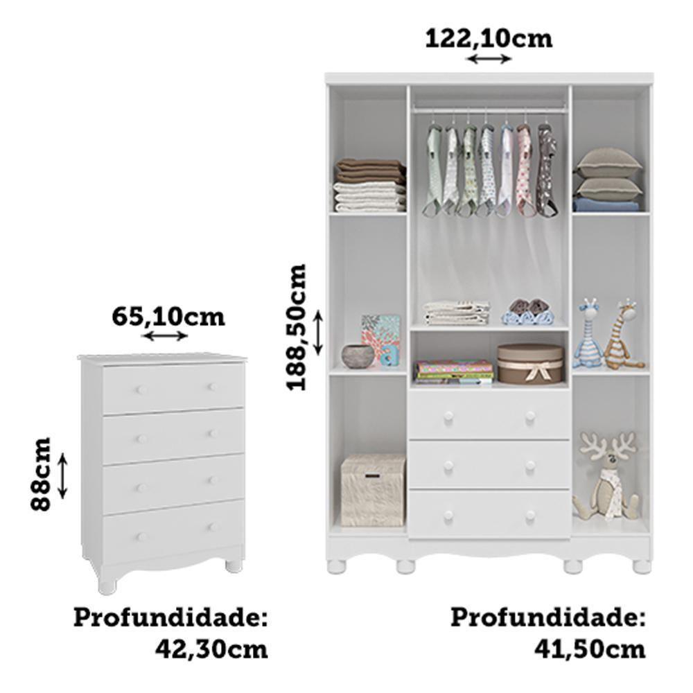 Jogo De Quarto Infantil Júnior Guarda Roupa 4 Portas E Cômoda 4 Gavetas Branco Brilho - Móveis Peroba - 6
