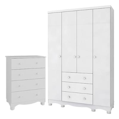 Jogo De Quarto Infantil Júnior Guarda Roupa 4 Portas E Cômoda 4 Gavetas Branco Brilho - Móveis Peroba