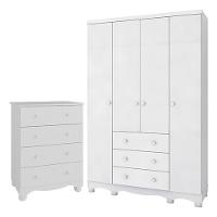 Jogo De Quarto Infantil Júnior Guarda Roupa 4 Portas E Cômoda 4 Gavetas Branco Brilho - Móveis Peroba - 1