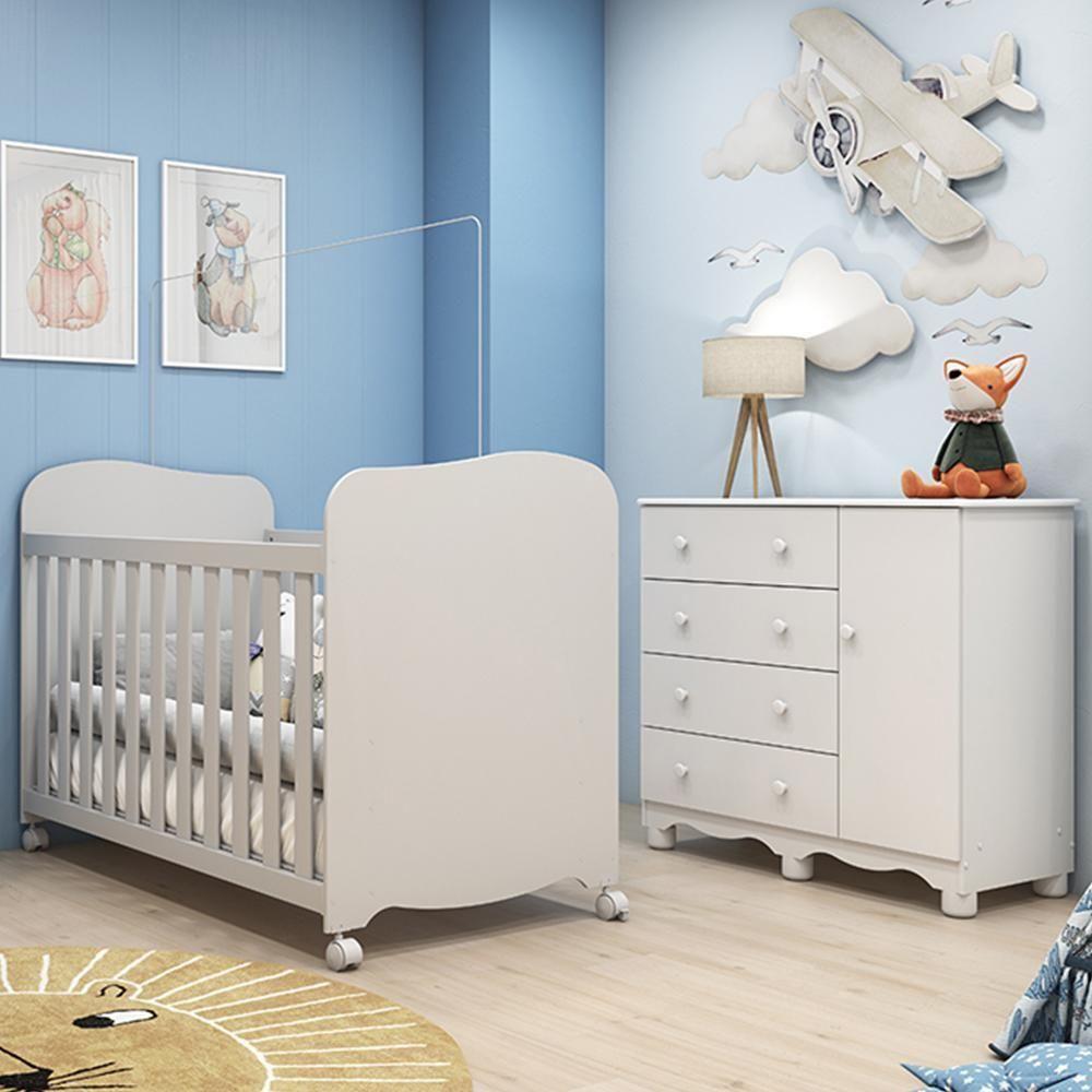 Jogo De Quarto Infantil Júnior Cômoda 1 Porta E Berço Uli Branco Brilho - Móveis Peroba - 1