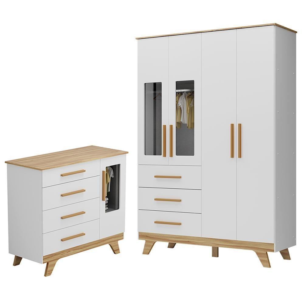 Jogo De Quarto Infantil Retrô Janelas Guarda Roupa E Cômoda Branco Brilho/amêndoa - Móveis Peroba - 1