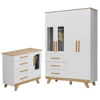 Jogo De Quarto Infantil Retrô Janelas Guarda Roupa E Cômoda Branco Brilho/amêndoa - Móveis Peroba - 1