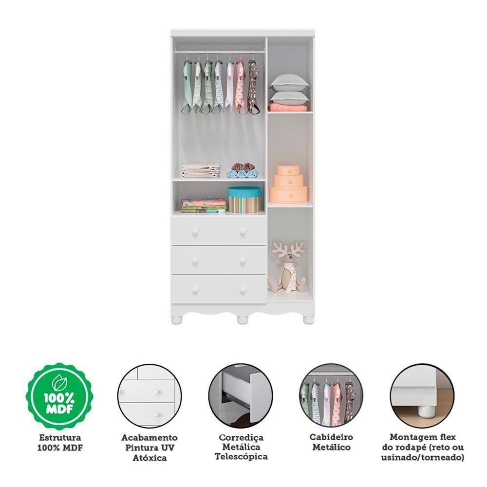 Jogo De Quarto Infantil Uli Guarda Roupa 3 Portas E Berço Branco Brilho - Móveis Peroba - 2