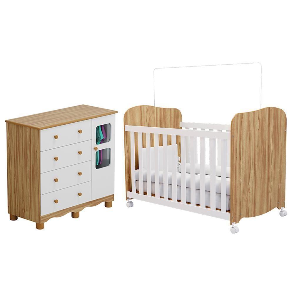Jogo De Quarto Infantil Uli Cômoda E Berço Branco Brilho/amêndoa - Móveis Peroba - 1