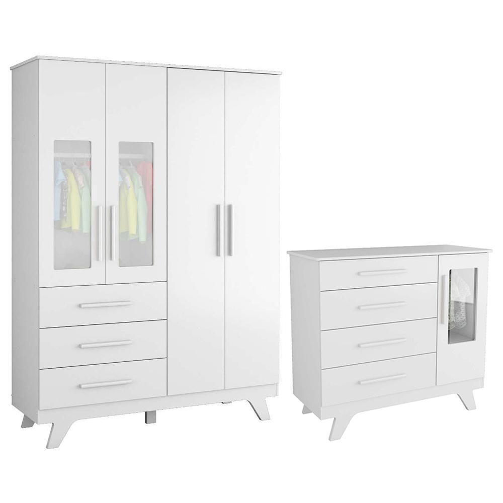 Jogo De Quarto Infantil Retrô Janelas Guarda Roupa E Cômoda Branco Brilho - Móveis Peroba - 1