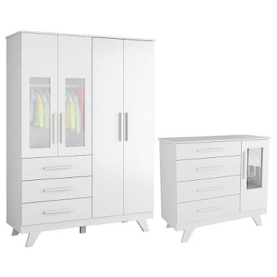 Jogo De Quarto Infantil Retrô Janelas Guarda Roupa E Cômoda Branco Brilho - Móveis Peroba