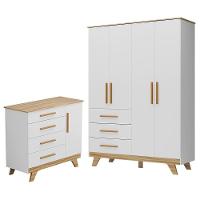 Jogo De Quarto Infantil Retrô Guarda Roupa E Cômoda Branco Brilho/amêndoa - Móveis Peroba - 1