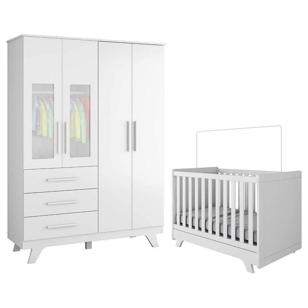 Jogo De Quarto Infantil Retrô Janelas Guarda Roupa E Berço Branco Brilho - Móveis Peroba - 1