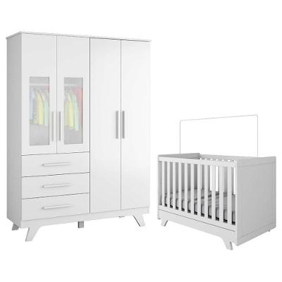 Jogo De Quarto Infantil Retrô Janelas Guarda Roupa E Berço Branco Brilho - Móveis Peroba