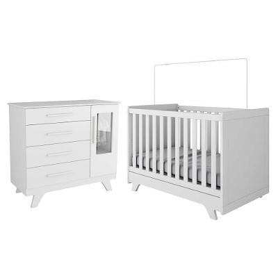 Jogo De Quarto Infantil Retrô Janelas Cômoda E Berço Branco Brilho - Móveis Peroba