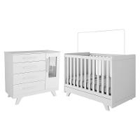 Jogo De Quarto Infantil Retrô Janelas Cômoda E Berço Branco Brilho - Móveis Peroba - 1