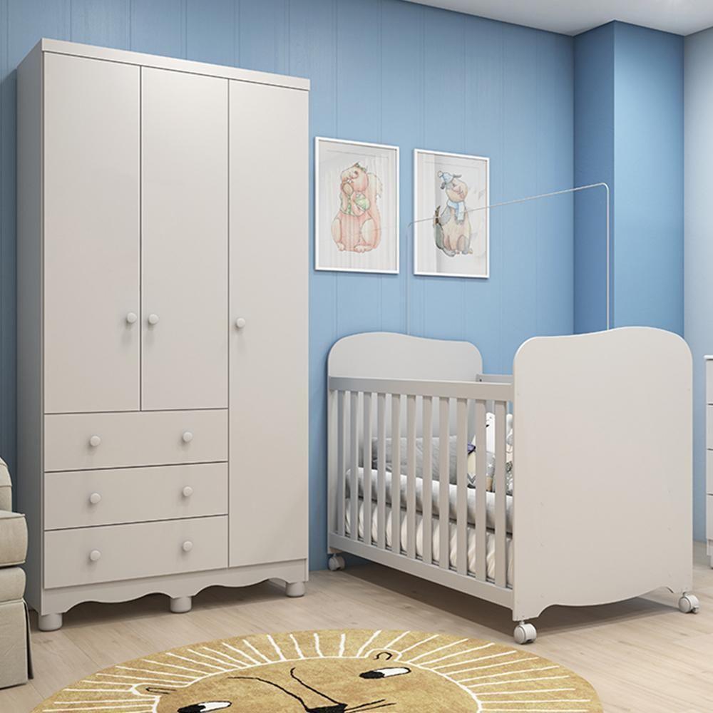 Jogo De Quarto Infantil Júnior Guarda Roupa 3 Portas E Berço Uli Branco Brilho - Móveis Peroba - 1