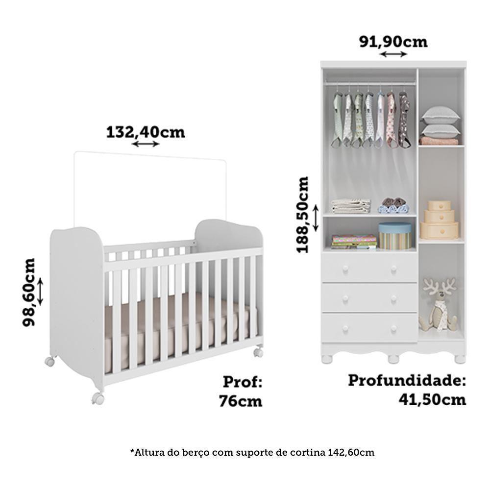 Jogo De Quarto Infantil Júnior Guarda Roupa 3 Portas E Berço Uli Branco Brilho - Móveis Peroba - 6