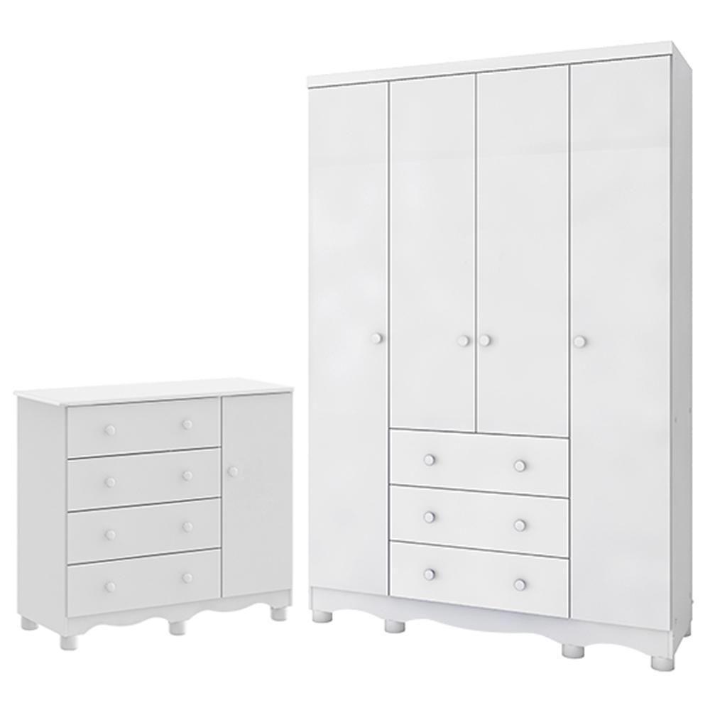 Jogo De Quarto Infantil Júnior Guarda Roupa 4 Portas E Cômoda 1 Porta Branco Brilho - Móveis Peroba - 1