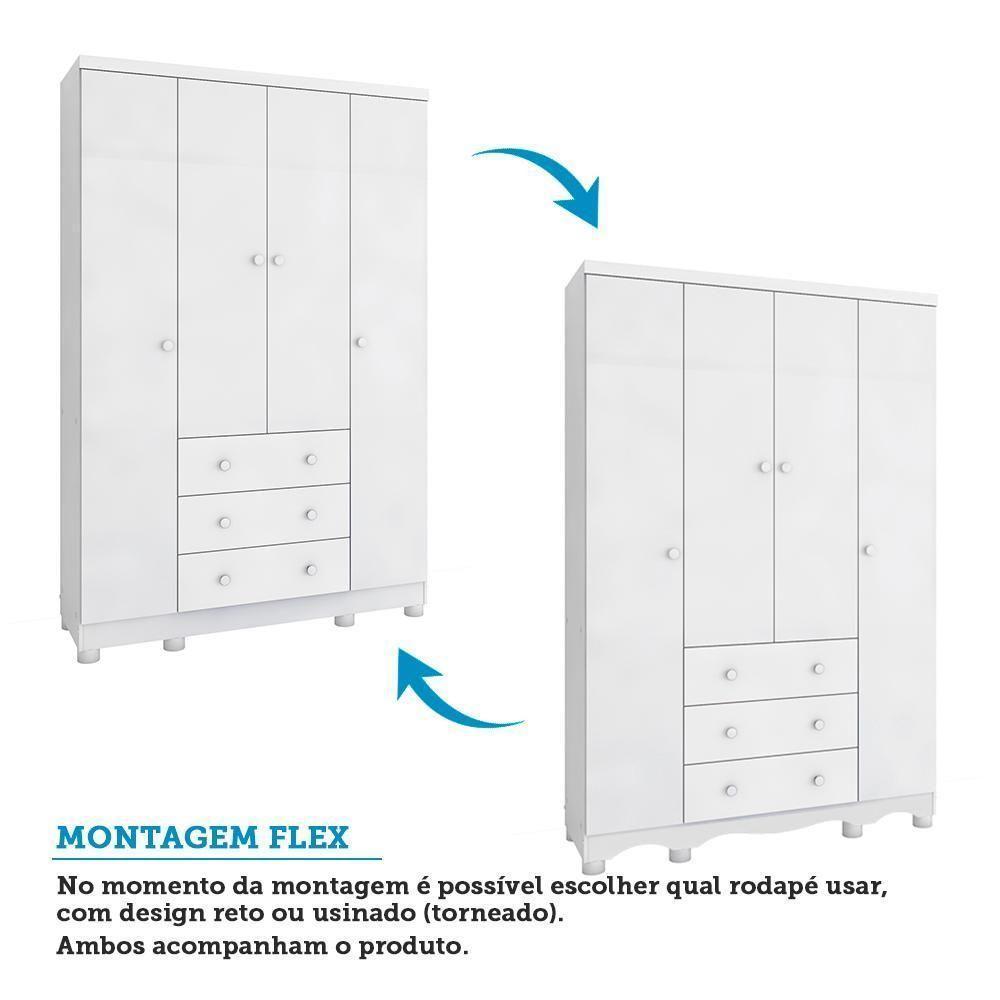 Jogo De Quarto Infantil Júnior Guarda Roupa 4 Portas E Cômoda 1 Porta Branco Brilho - Móveis Peroba - 3