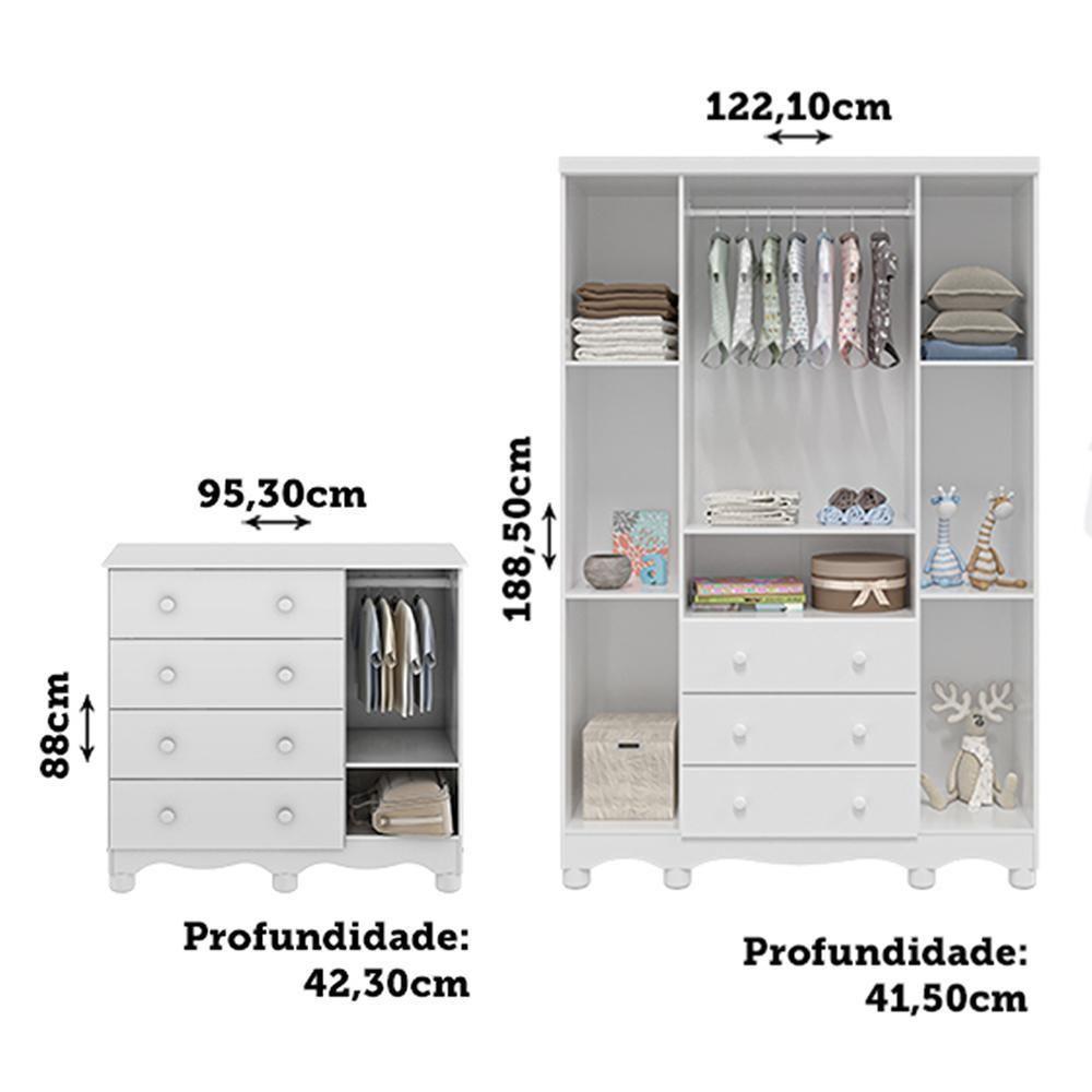 Jogo De Quarto Infantil Júnior Guarda Roupa 4 Portas E Cômoda 1 Porta Branco Brilho - Móveis Peroba - 6