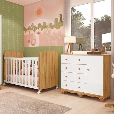 Jogo De Quarto Infantil Júnior Cômoda 1 Porta E Berço Uli Branco Brilho/amêndoa - Móveis Peroba