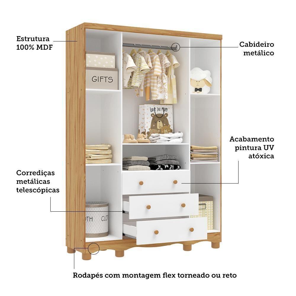 Jogo De Quarto Infantil Uli Guarda Roupa 4 Portas E Cômoda Branco Brilho/amêndoa - Móveis Peroba - 2