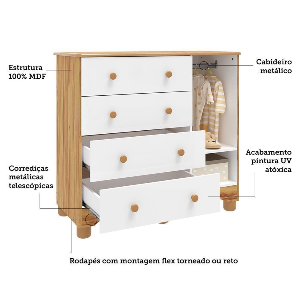 Jogo De Quarto Infantil Uli Guarda Roupa 4 Portas E Cômoda Branco Brilho/amêndoa - Móveis Peroba - 4