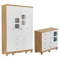 Jogo De Quarto Infantil Uli Guarda Roupa 4 Portas E Cômoda Branco Brilho/amêndoa - Móveis Peroba - 1