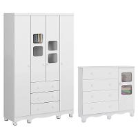 Jogo De Quarto Infantil Uli Guarda Roupa 4 Portas E Cômoda Branco Brilho - Móveis Peroba - 1